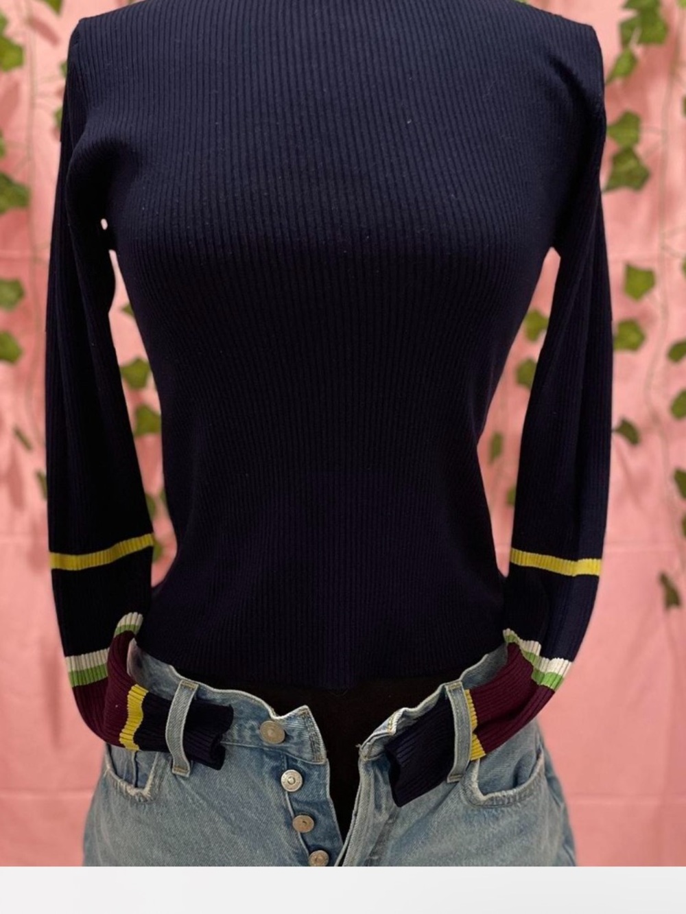 Zara Navy Ribbed Long-Sleeve Top with Multicolor Stripe Cuffs